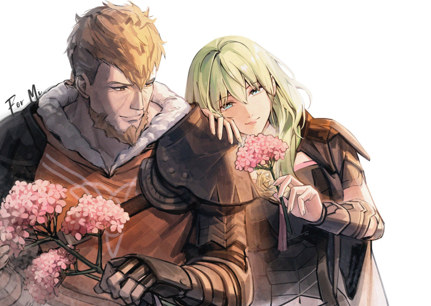 1boy, 1girl, bangs, beard, black_coat, brown_hair, bustier, byleth_(fire_emblem)