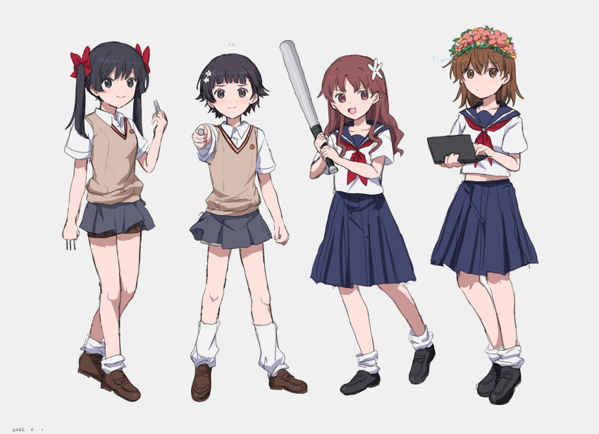 4girls, absurdres, alternate_costume, alternate_hair_color, alternate_hairstyle, baseball_bat, black_footwear, black_hair