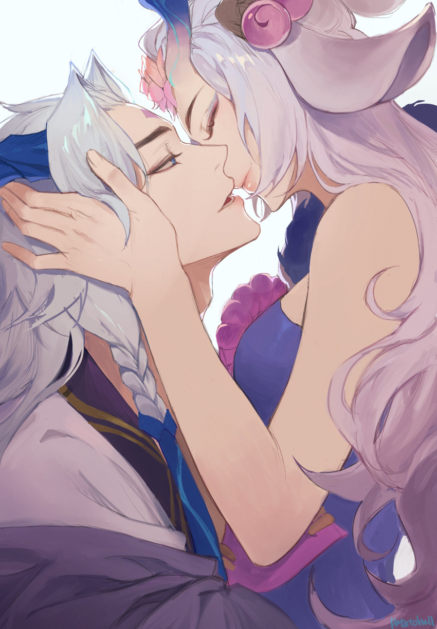 1boy, 1girl, absurdres, animal_ears, bangs, bare_arms, bare_shoulders, braid, breasts, couple, deer_ears, flower, from_side, grey_hair, hair_ornament, hetero, highres, horns, imminent_kiss, japanese_clothes, kimono, league_of_legends, lillia_(league_of_legends), long_hair, looking_at_another, medium_breasts, official_alternate_costume, pink_flower, potatohell, shiny, shiny_hair, smile, spirit_blossom_lillia, spirit_blossom_yone, yone_(league_of_legends)