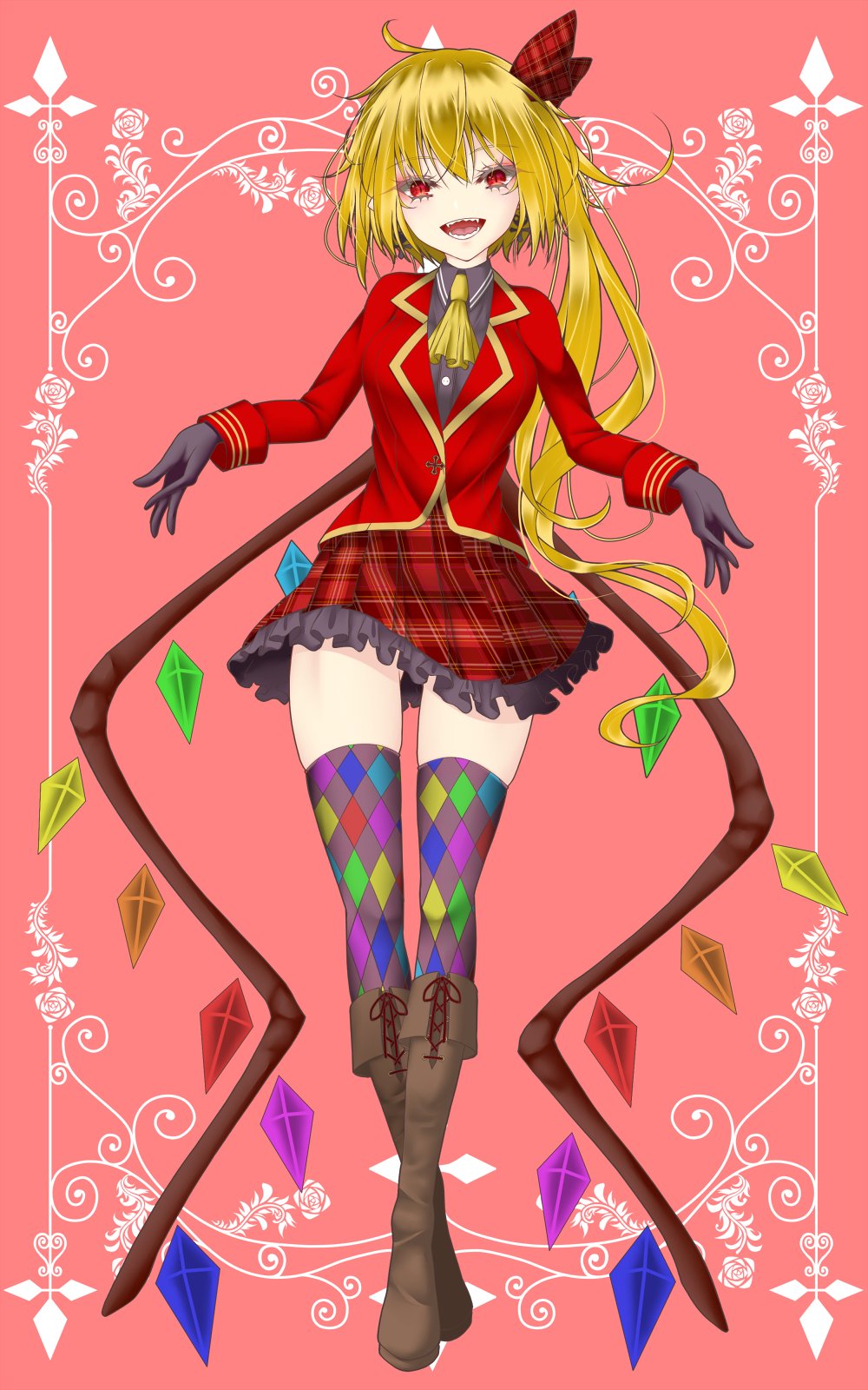 1girl, :d, alternate_costume, ascot, bangs, black_gloves, blonde_hair, boots