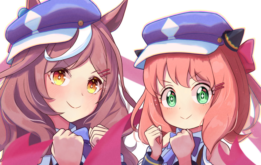 +_+, 2girls, animal_ears, anya_(spy_x_family), blush, brown_hair, cabbie_hat, commentary_request