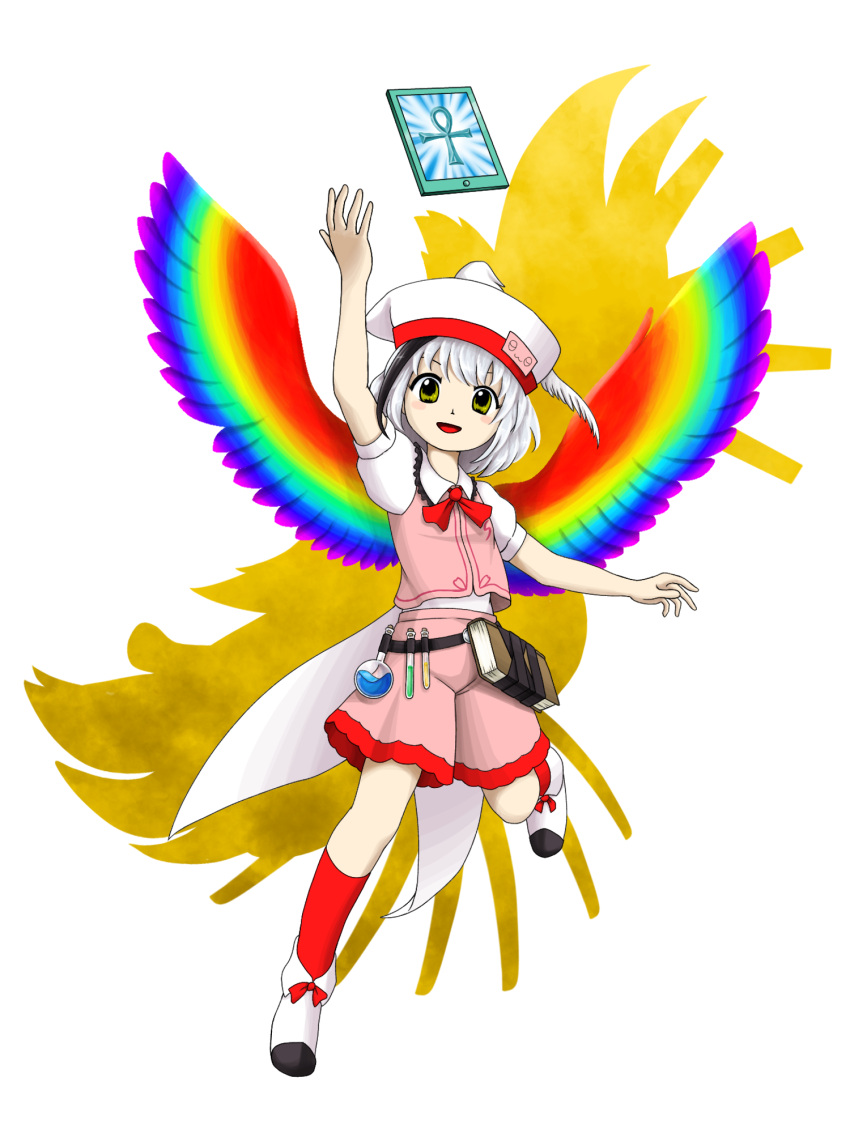 1girl, :d, ankh, arm_up, ascot, bangs, belt, black_belt