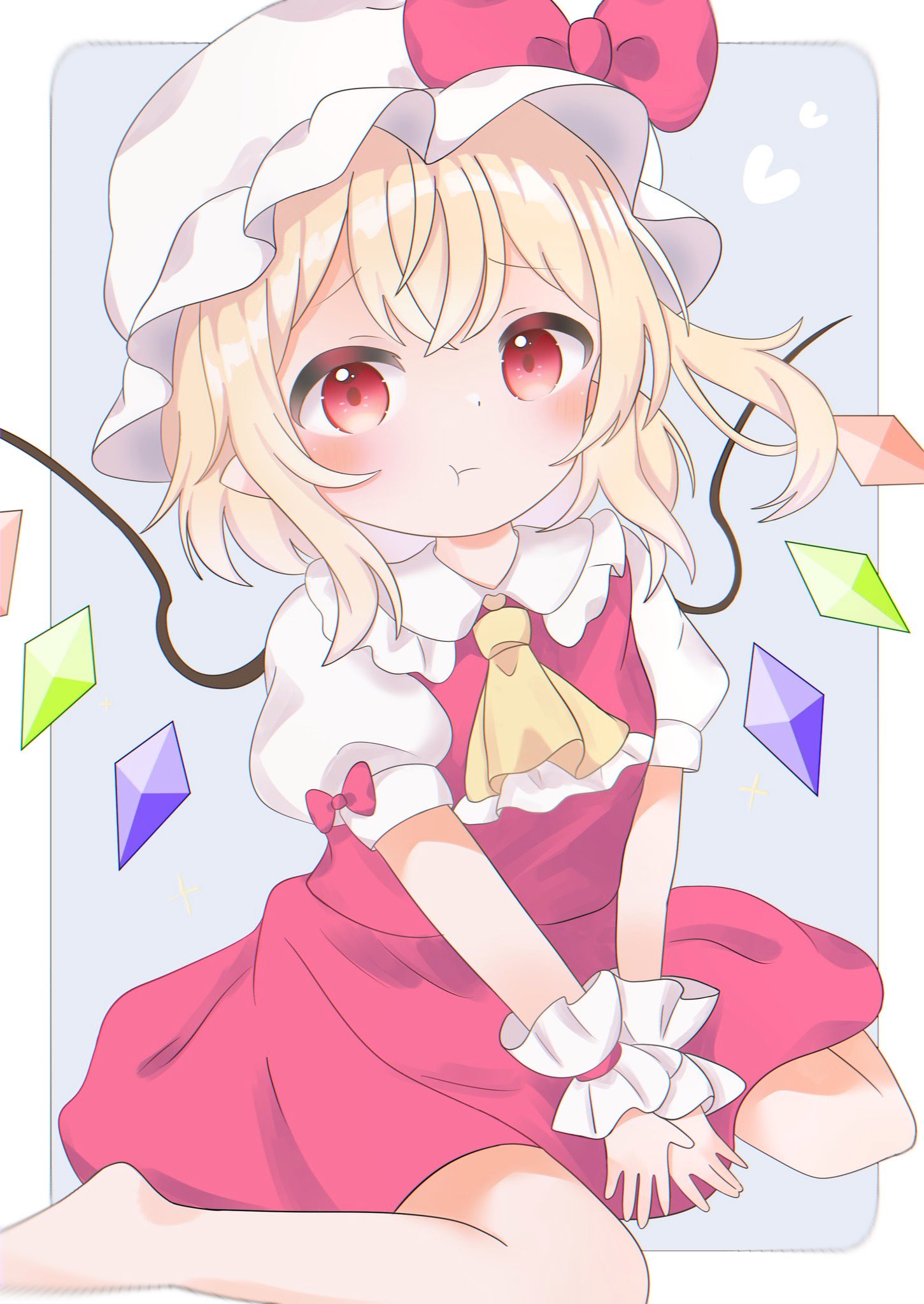 :t, ascot, barefoot, blonde_hair, bow, closed_mouth, crystal, flandre_day