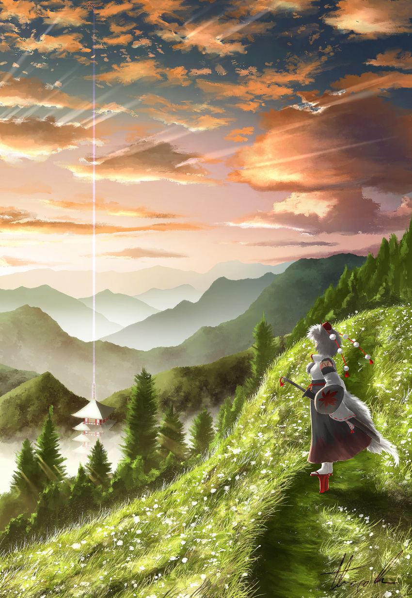 1girl, absurdres, animal_ears, beacon, black_skirt, building, clouds, cloudy_sky
