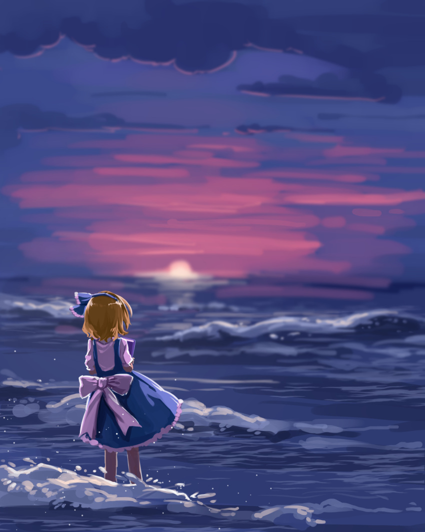 1girl, alice_margatroid, blonde_hair, blue_bow, blue_dress, blurry, blurry_background, bow