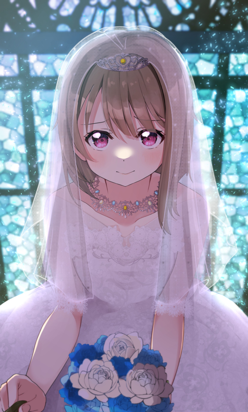 1girl, absurdres, asymmetrical_hair, bangs, blush, bob_cut, bouquet, bridal_veil, bride, brown_hair, closed_mouth, commentary_request, dress, flower, highres, holding, holding_bouquet, jewelry, looking_at_viewer, love_live!, love_live!_nijigasaki_high_school_idol_club, medium_hair, nakasu_kasumi, necklace, nyako_(utaneko31), pink_eyes, smile, solo, source_image_text, strapless, strapless_dress, swept_bangs, tiara, veil, wedding_dress, white_dress