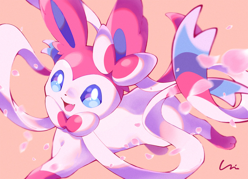 :d, blue_eyes, blurry, bright_pupils, brown_background, commentary_request, fang, happy, no_humans, open_mouth, petals, pokemon, pokemon_(creature), signature, smile, solo, sylveon, tongue, white_pupils, yuni_(unitary_580)