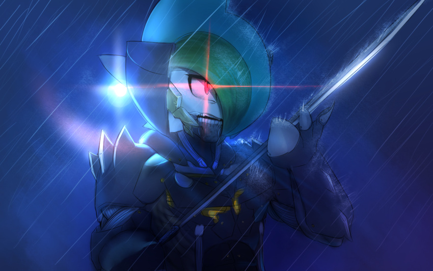 1boy, colored_skin, cosplay, cyborg, gallade, green_hair, katana, metal_gear_(series)