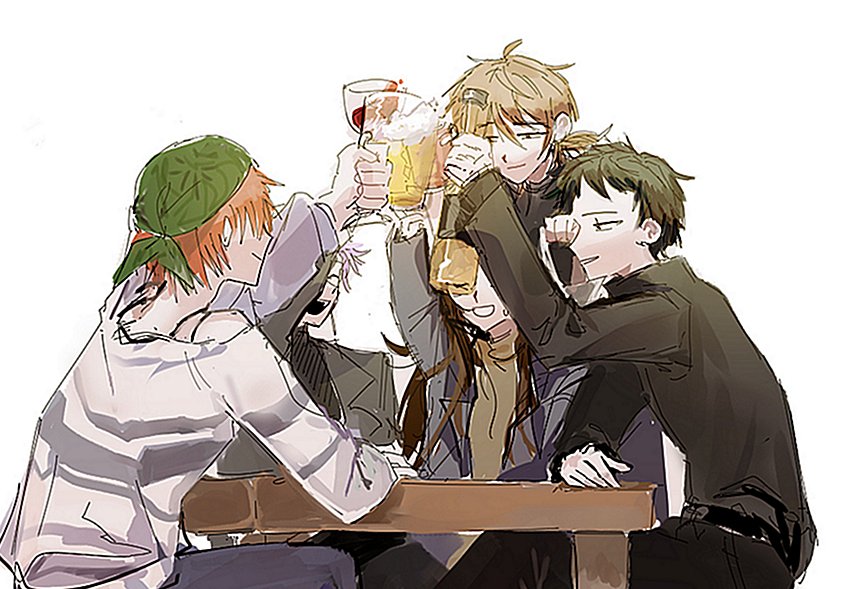1girl, 4boys, ahoge, alcohol, annie_(saibou_shinkyoku), bandana, beer, belt, black_jacket, black_pants, black_sweater, blonde_hair, blue_pants, bottle, brown_hair, chikkong, closed_eyes, closed_mouth, commentary_request, cup, dreyfus_zweig, drinking_glass, green_bandana, green_hair, grey_jacket, harada_minoru, high_collar, isoi_reiji, jacket, korean_commentary, long_hair, multiple_boys, open_mouth, pants, saibou_shinkyoku, shirt, short_hair, sitting, sketch, smile, suit_jacket, sweat, sweater, table, theodore_riddle, turtleneck, turtleneck_sweater, white_background, white_shirt, wine, wine_bottle, wine_glass, yellow_sweater