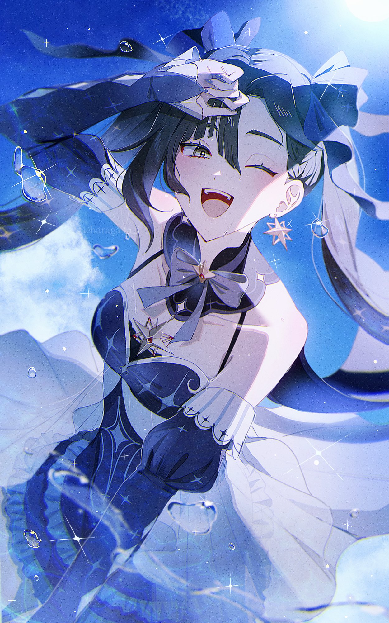 1girl, ;d, air_bubble, alternate_costume, asymmetrical_bangs, bangs, bare_shoulders, blue_dress