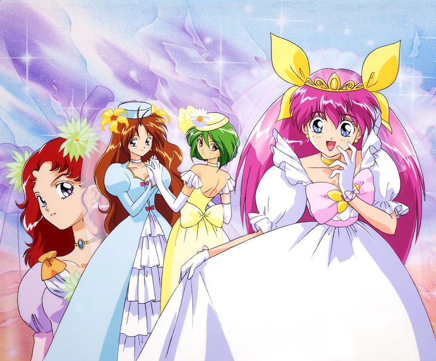 1990s_(style), 4girls, ai_tenshi_densetsu_wedding_peach, angel_daisy, angel_lily, angel_salvia, back_bow, bangs