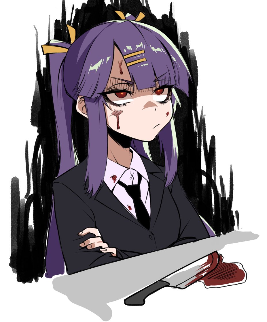 1girl, black_jacket, black_necktie, blood, blood_on_face, blood_splatter, blythe_(hcnone), borrowed_character