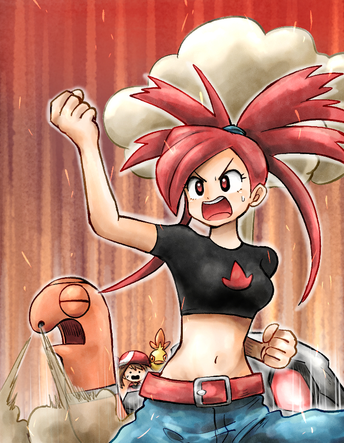 2girls, bandana, belt, belt_buckle, breasts, brown_hair, buckle, chibi