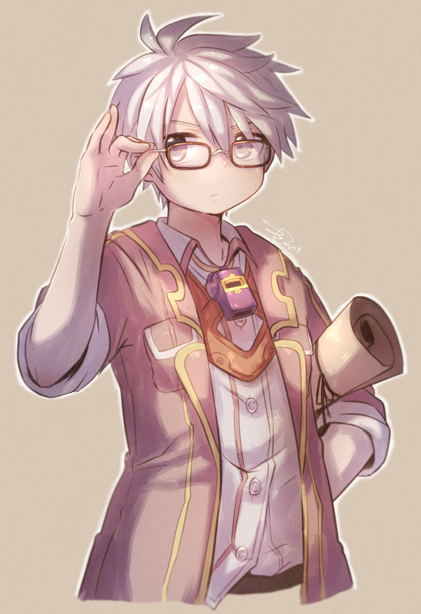1boy, adjusting_clothes, adjusting_headwear, bandam, bespectacled, breast_pocket, brown_jacket, closed_mouth