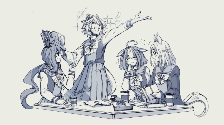 4girls, =_=, admire_vega_(umamusume), ahoge, animal_ears, bangs, blush, book