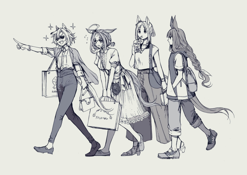 4girls, admire_vega_(umamusume), ahoge, alternate_costume, alternate_hairstyle, animal_ears, backpack, bag
