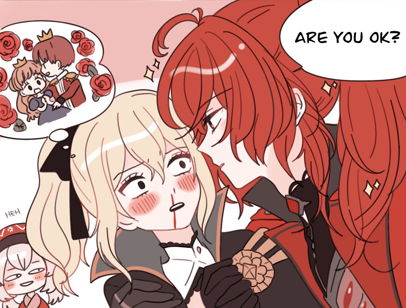 1boy, 2girls, anya's_heh_face_(meme), bangs, black_eyes, black_gloves, blonde_hair, blood