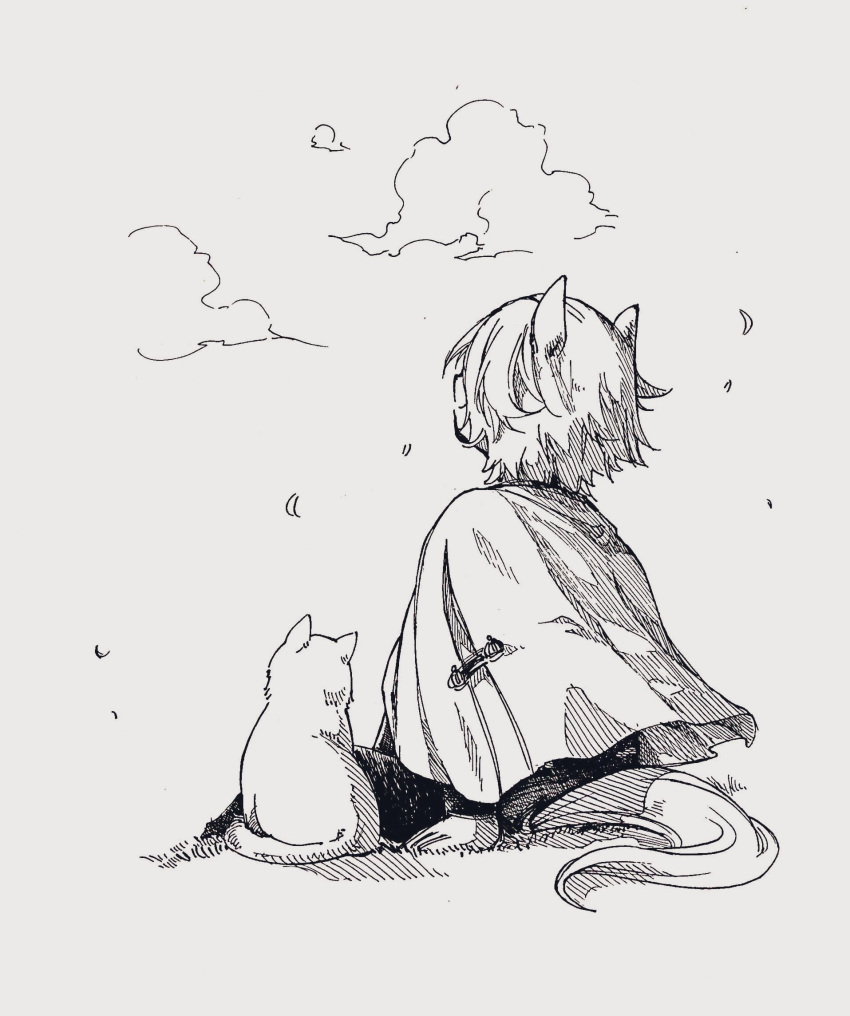1girl, animal_ears, capelet, cat, clouds, from_behind, greyscale, highres