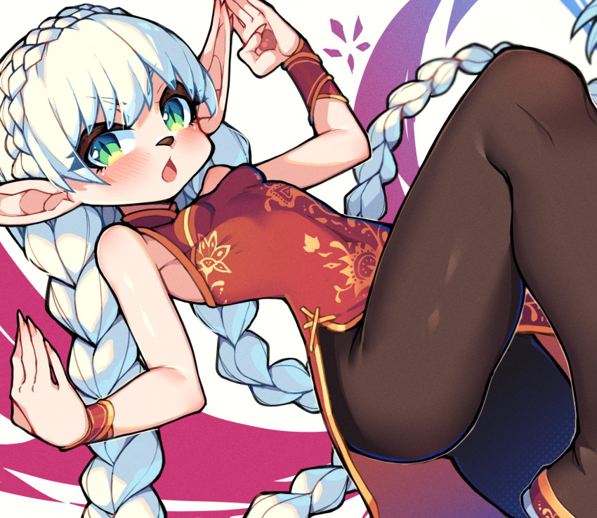 1girl, animal_nose, blush, braid, breasts, china_dress, chinese_clothes, claws, crown_braid, detached_sleeves, dress, furry, furry_female, golden_sun, golden_sun:_dark_dawn, green_eyes, highres, kotoba_(1074421015), long_hair, looking_at_viewer, open_mouth, pantyhose, pointy_ears, sleeveless, sleeveless_dress, snout, solo, sveta_(golden_sun), twin_braids, very_long_hair