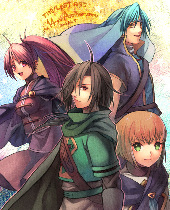 2boys, 2girls, alex_(golden_sun), blonde_hair, blue_hair, brown_eyes, brown_hair, closed_mouth