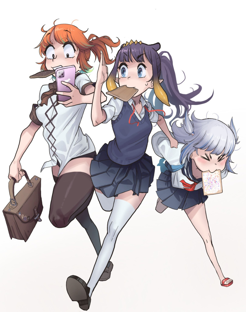 3girls, bag, blue_eyes, blue_hair, cellphone, food, gawr_gura, highres