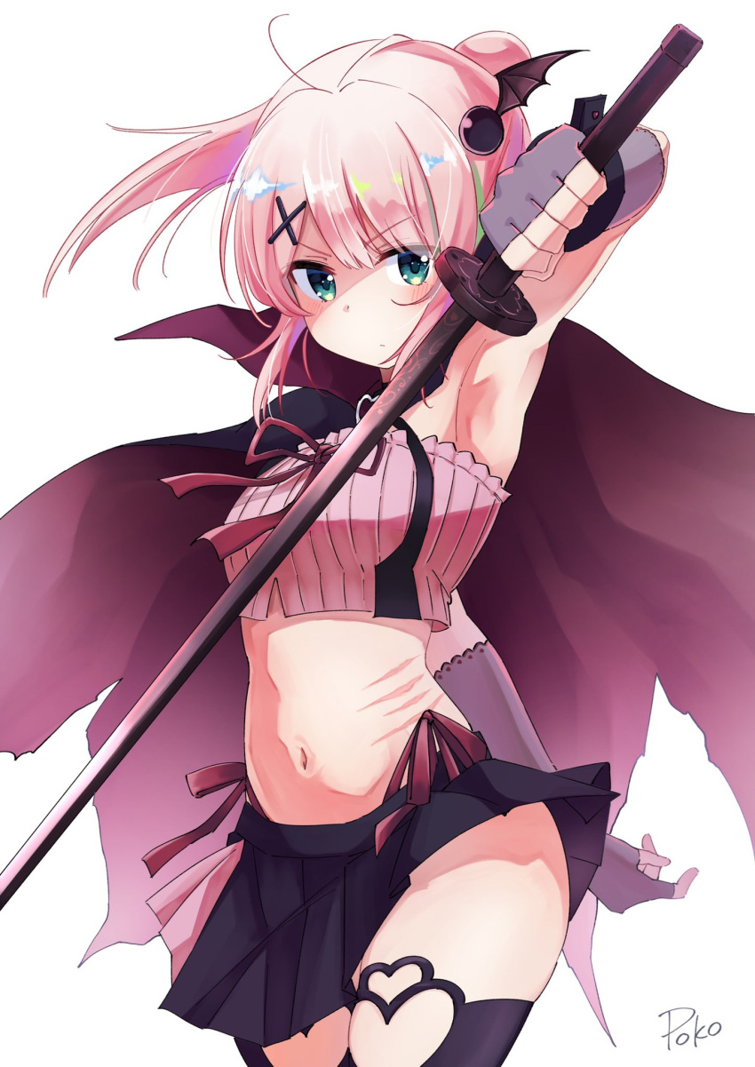 1girl, ahoge, cape, chiyoda_momo, demon_wings, fingerless_gloves, gloves, hair_ornament, halter_top, halterneck, highres, looking_at_viewer, machikado_mazoku, pink_hair, poko_(user_rjdg5478), scar, simple_background, skirt, solo, sword, thigh-highs, weapon, white_background, wings