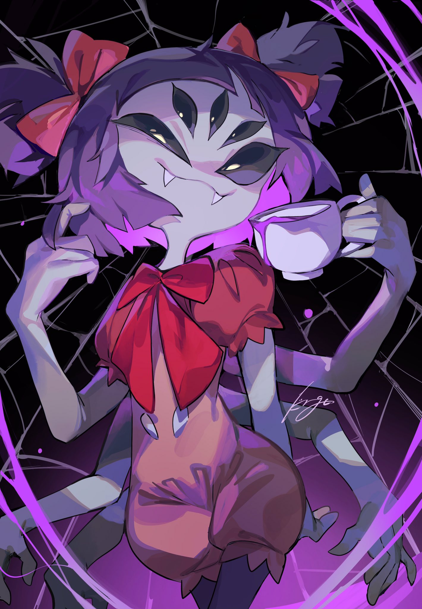 1girl, :3, arthropod_girl, bangs, black_background, black_sclera, blunt_bangs, blunt_ends, bow, bowtie, colored_sclera, colored_skin, commentary, contrapposto, cowboy_shot, cup, extra_arms, extra_eyes, fangs, hair_bow, hands_up, highres, holding, holding_cup, koroguchi, looking_at_viewer, monster_girl, muffet, puffy_short_sleeves, puffy_sleeves, purple_hair, purple_skin, red_bow, red_bowtie, romper, short_hair, short_sleeves, short_twintails, signature, silk, smile, solo, spider_girl, spider_web, standing, teacup, twintails, undertale, yellow_eyes