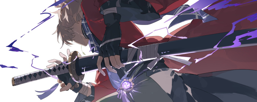 1boy, absurdres, black_gloves, commentary_request, drawing_sword, electricity, fingerless_gloves, genshin_impact