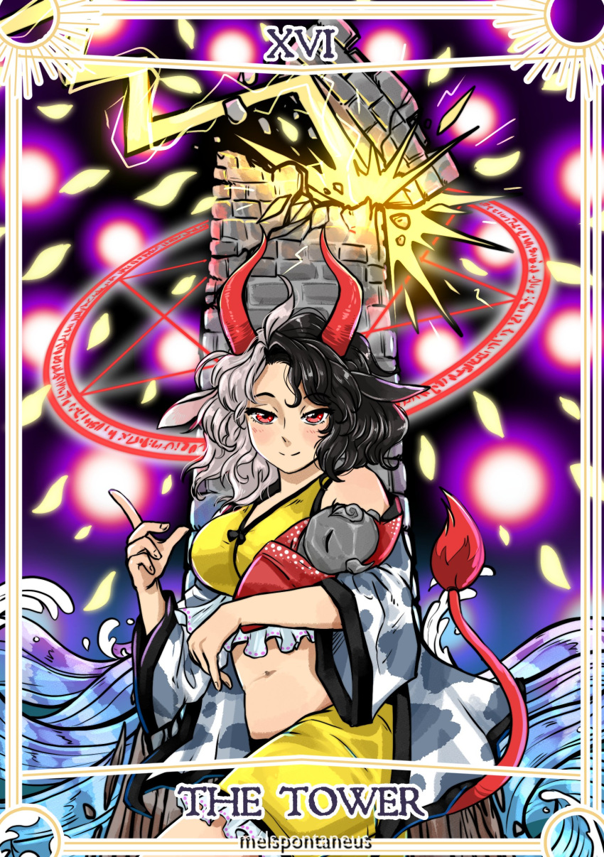 1girl, absurdres, animal_ears, animal_print, artist_name, black_hair, card, closed_mouth, commission, cow_ears, cow_horns, cow_print, cow_tail, english_commentary, english_text, frilled_shorts, frills, haori, hexagram, highres, horns, japanese_clothes, lightning, looking_at_viewer, melspontaneus, midriff, multicolored_hair, navel, red_eyes, red_horns, red_tail, roman_numeral, short_hair, shorts, smile, solo, split-color_hair, statue, tail, tank_top, tarot, the_tower_(tarot), touhou, tower, two-tone_hair, ushizaki_urumi, white_hair, yellow_shorts, yellow_tank_top