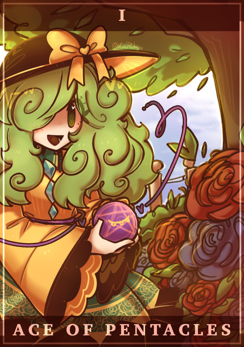 1girl, :d, absurdres, ace_of_coins_(tarot), alternate_hairstyle, blue_flower, blue_rose, blue_sky