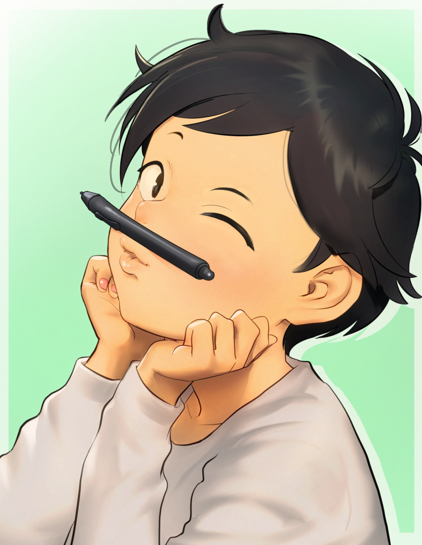 1girl, balancing_on_lips, black_eyes, black_hair, green_background, head_rest, highres, kaze_fukeba_nanashi