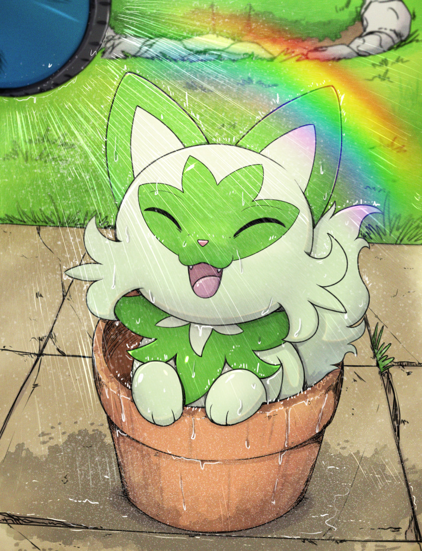 :3, ^_^, animal_focus, artist_name, bush, closed_eyes, commentary, day