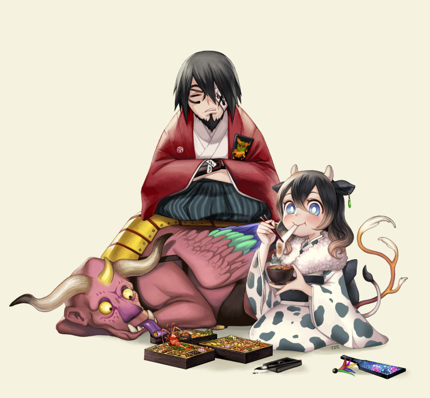 1boy, 1girl, animal_ears, animal_print, armor, bandage_over_one_eye, bandages, beard