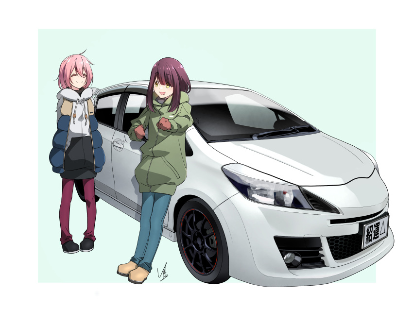 2girls, ^_^, absurdres, black_footwear, black_skirt, blue_pants, brown_footwear, brown_gloves, brown_hair, car, closed_eyes, down_jacket, facing_another, full_body, gloves, green_jacket, ground_vehicle, highres, hood, hooded_jacket, jacket, kagamihara_nadeshiko, long_hair, looking_at_viewer, motor_vehicle, multiple_girls, pants, pink_hair, purple_pants, skirt, smile, toki_ayano, toyota, toyota_vitz_gr, white_jacket, yasu_(pixiv), yellow_eyes, yurucamp