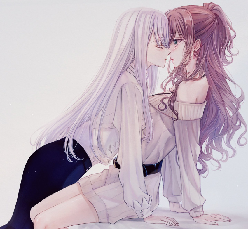 2girls, arm_support, bang_dream!, bangs, bare_shoulders, belt, black_belt, blackfangs