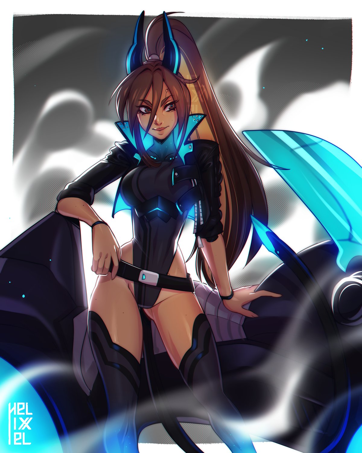 1girl, ass_visible_through_thighs, belt, black_horns, black_jacket, black_leotard, bracelet, breasts