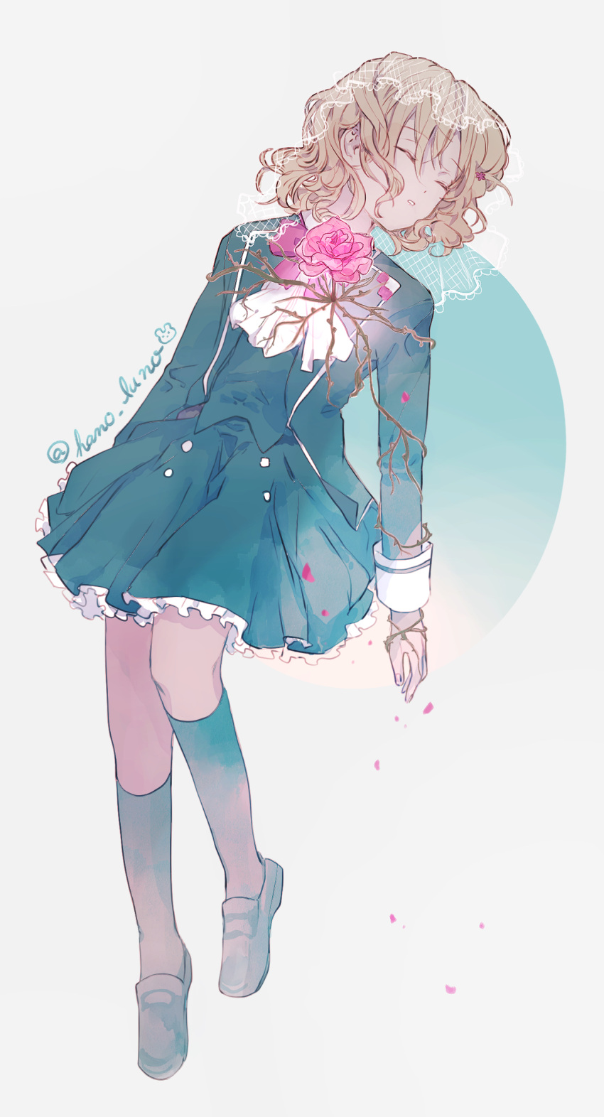 1girl, artist_name, black_legwear, blazer, blonde_hair, bridal_veil, button_up_skirt, diabolik_lovers