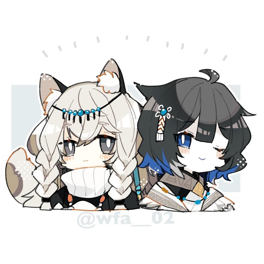 2girls, ahoge, animal_ear_fluff, animal_ears, arknights, black_hair, blue_eyes, blue_hair