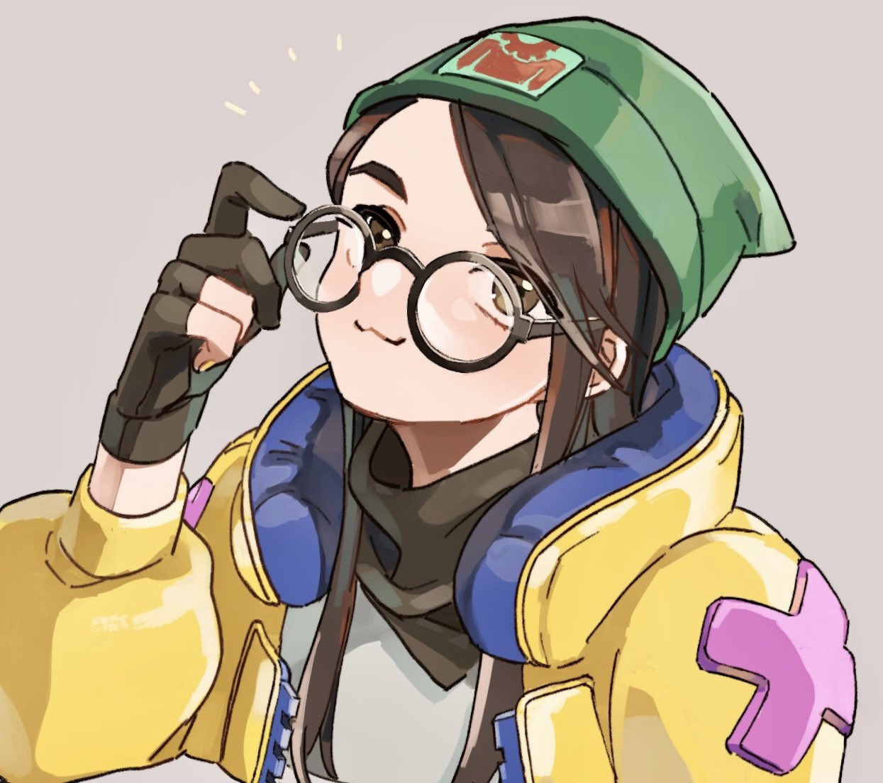 1girl, :3, bangs, beanie, black_gloves, brown_background, brown_eyes, brown_hair, glasses, gloves, green_headwear, hat, head_tilt, jacket, killjoy_(valorant), long_hair, looking_at_viewer, partially_fingerless_gloves, portrait, round_eyewear, shimijimi, smile, solo, valorant, yellow_jacket