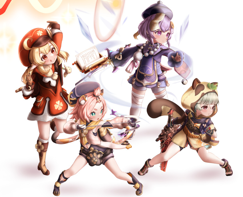 4girls, absurdres, ahoge, aiming, animal_ear_fluff, animal_ears, animal_print, armguards
