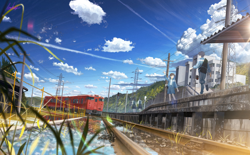 2boys, 2girls, absurdres, aqua_jacket, aqua_shorts, backpack, bag, banishment, black_hair, black_skirt, blue_sky, blurry, brown_hair, building, commentary_request, day, depth_of_field, grass, grey_eyes, ground_vehicle, gym_pants, gym_shirt, gym_shorts, gym_uniform, highres, jacket, long_hair, mountain, multiple_boys, multiple_girls, original, outdoors, pants, pebble, pleated_skirt, power_lines, railroad_tracks, reflection, reflective_water, scenery, shirt, shorts, sign, skirt, sky, smile, summer, train, train_station, train_station_platform, utility_pole, vanishing_point, walking, water, waving, white_footwear, white_shirt