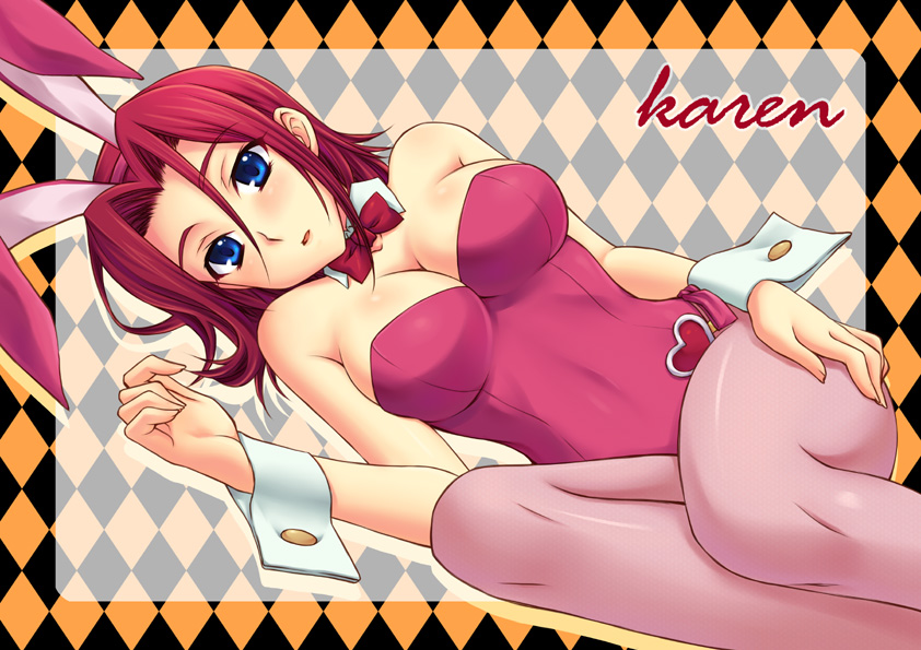 blush, breasts, bunny_ears, bunnysuit, code_geass, kallen_stadtfeld, karen_kouzaki, lying