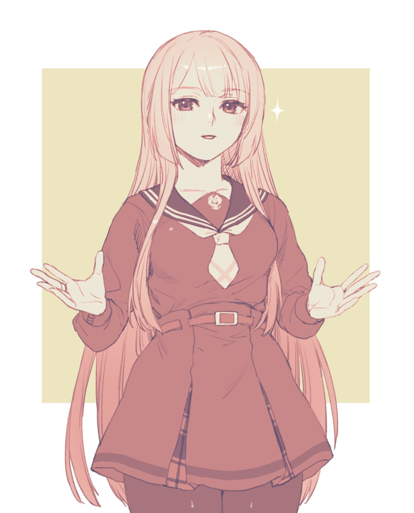 1girl, assault_lily, bangs, belt, belt_buckle, blunt_bangs, blunt_ends, border, breasts, buckle, collarbone, commentary, cowboy_shot, hands_up, high-waist_skirt, highres, jewelry, kanba_girls_high_school_uniform, light_blush, long_hair, long_sleeves, looking_at_viewer, medium_breasts, miniskirt, miyagawa_takane, monochrome, necktie, open_hands, outside_border, pantyhose, parted_lips, plaid, plaid_skirt, ring, sailor_collar, school_uniform, serafuku, shirt, short_necktie, sidelocks, simple_background, skirt, smile, solo, sparkle, spot_color, standing, tori_udon, very_long_hair, white_border, yellow_background