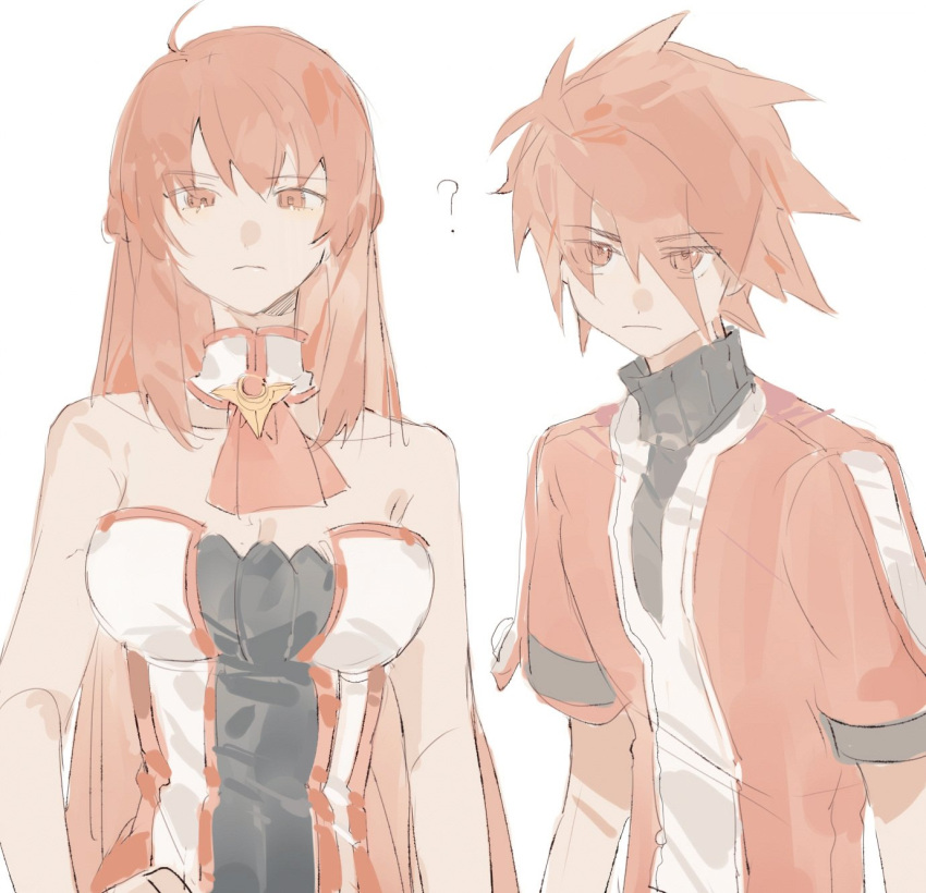 1boy, 1girl, ?, brother_and_sister, closed_mouth, elesis_(elsword), elsword, elsword_(character)