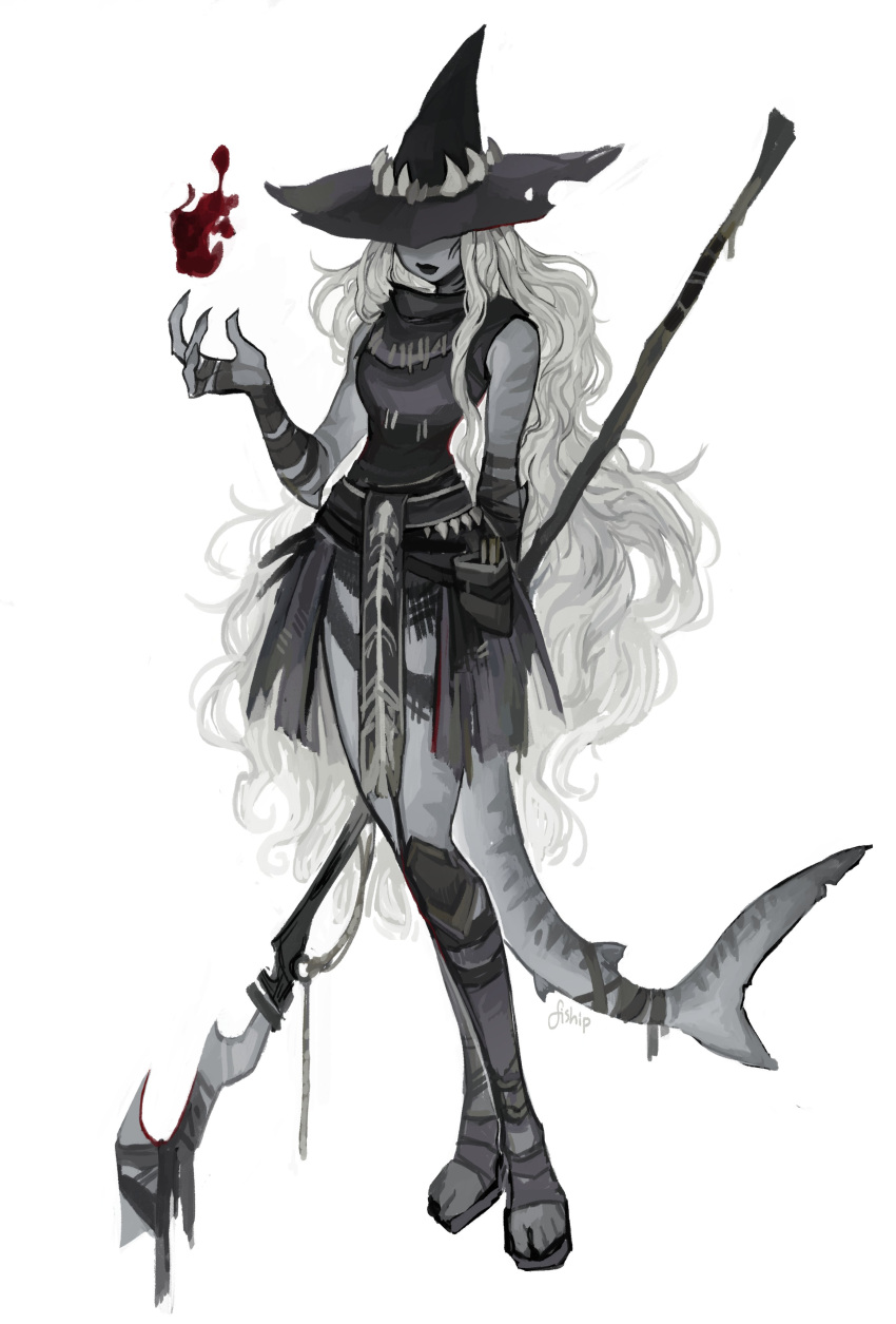 1girl, absurdres, black_lips, blood, closed_mouth, colored_skin, contrapposto, curly_hair, fewer_digits, fish_tail, full_body, grey_hair, grey_skin, hand_up, hat, hemokinesis, highres, holding, holding_staff, lipstick, long_hair, makeup, matilda_fiship, original, shark_girl, shark_tail, signature, simple_background, solo, staff, tail, toeless_footwear, very_long_hair, white_background, witch_hat