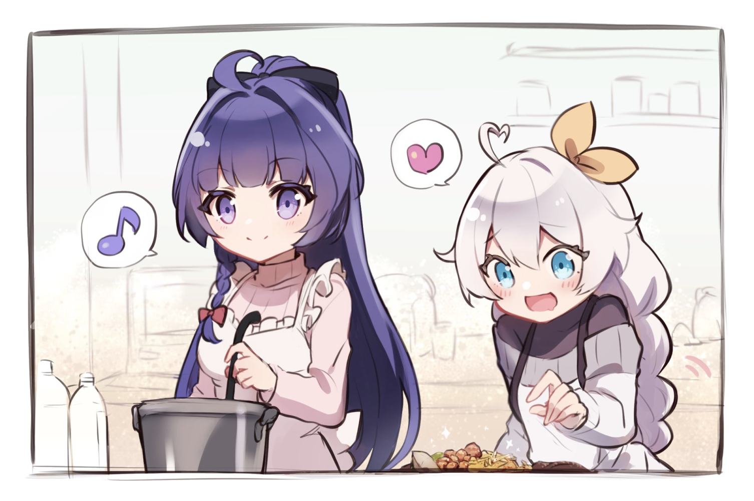 2girls, :d, ?, ahoge, apron, bangs, banned_artist, blue_eyes