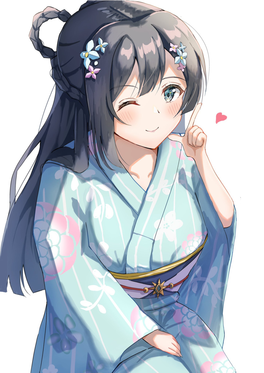 1girl, black_eyes, black_hair, blue_kimono, finger_gun, hand_on_own_thigh, heart, highres, japanese_clothes, kimono, long_hair, love_live!, love_live!_nijigasaki_high_school_idol_club, obi, oekakiren_0403, sash, sitting, solo, virtual_youtuber, white_background, yuuki_setsuna_(love_live!)