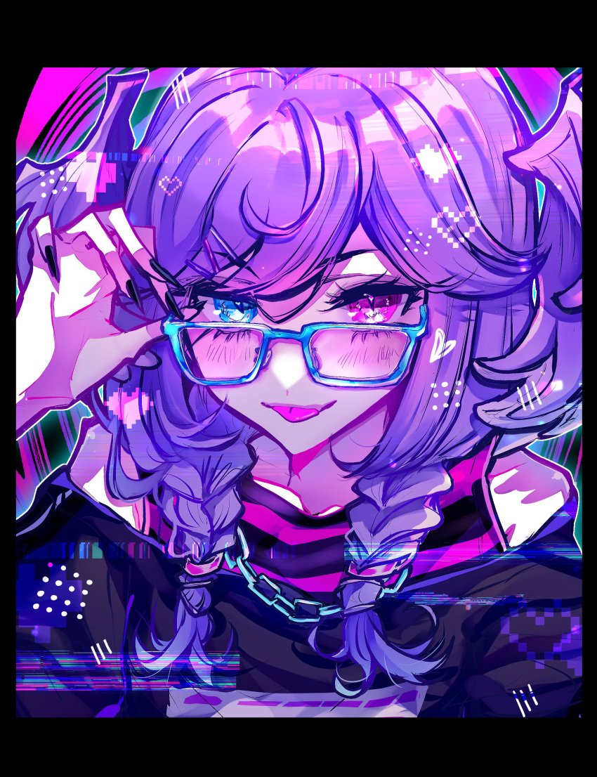 1girl, absurdres, black_shirt, blue_eyes, braid, fang, glasses, glitch, heart, heterochromia, highres, kei_(nasubi_07), looking_at_viewer, medium_hair, nijisanji, nijisanji_en, off-shoulder_shirt, off_shoulder, pink_shirt, portrait, purple_hair, selen_tatsuki, shirt, solo, tongue, tongue_out, twin_braids, violet_eyes, virtual_youtuber