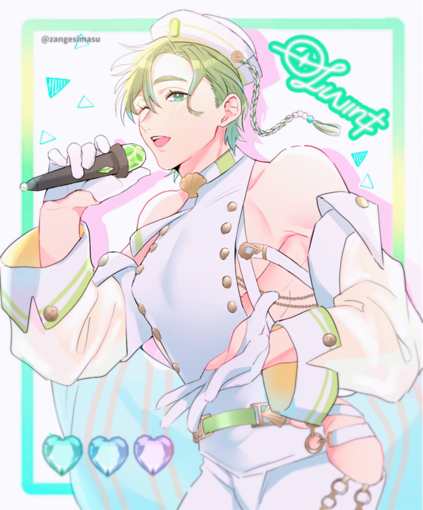 1boy, blinking, blush, earrings, gem, green_eyes, green_hair, highres