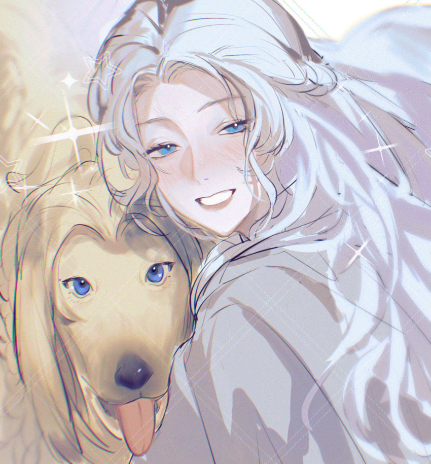 1girl, 29533478, argos_(ff14), blue_eyes, blush, chinese_commentary, commentary_request, dog, final_fantasy, final_fantasy_xiv, grin, half-closed_eyes, highres, long_hair, looking_at_viewer, portrait, smile, sparkle, star_(symbol), tongue, tongue_out, venat_(ff14), white_background, white_hair